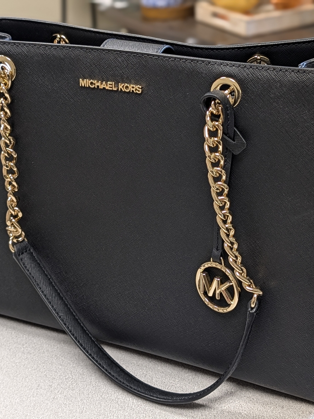 Michael Kors Black Saffiano Tote with Gold Chain Detail